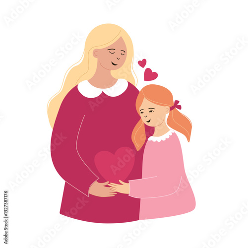 Mother's love, pregnant mother, daughter hug, heart symbol, maternal bond, family affection, pregnant mother, love and care, cute illustration, vector image for greeting card, invitation