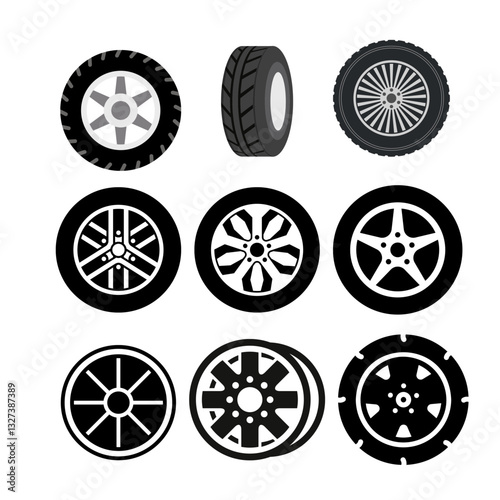 Car wheel icons set. Black wheel tires silhouette collection. Vector illustration.