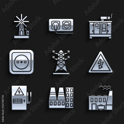 Set High voltage power pole line, Power station plant and factory, Coal, sign, Electrical panel, outlet, Diesel generator and Wind turbine icon. Vector