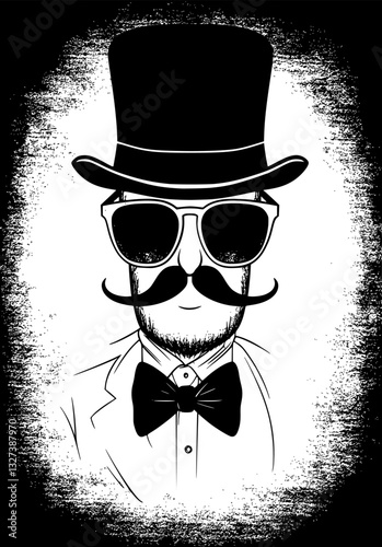 Vintage vector illustration of a gentleman with a top hat and mustache, drawn in a classic engraving style. Generated AI