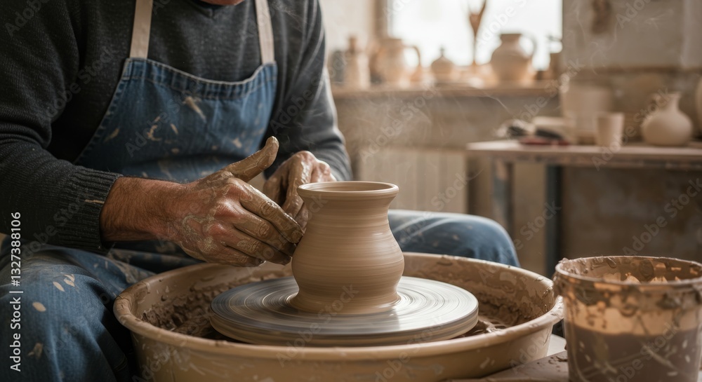 Potter Shaping Clay on Wheel - Close-up of a potter's hands shaping clay on a pottery wheel, creating a beautiful vessel