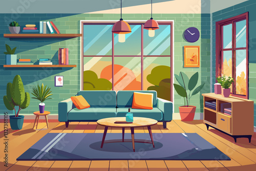 Cozy modern living room illustration with large windows, green walls, and stylish furniture