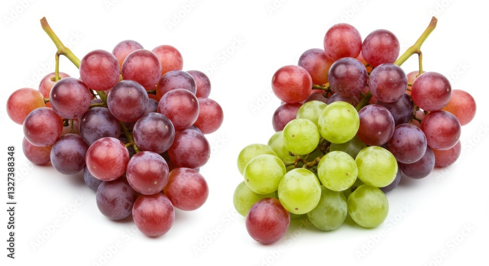 Red and Green Grapes on White Background - A bunch of red grapes and a bunch of green grapes are displayed side by side against a bright white background Red and Green Grapes on White Background - A bunch of red grapes and a bunch of green grapes are displayed side by side against a bright white background