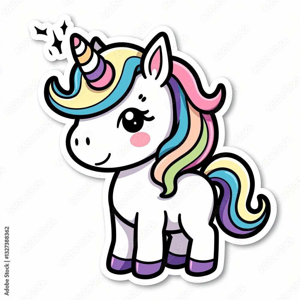 Fototapeta premium Cute Cartoon Unicorn Character with Colorful Mane and Horn