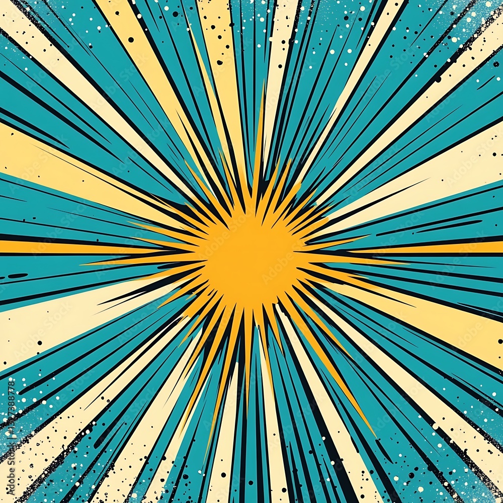 Obraz premium Vibrant explosion graphic with radiant beams in red, yellow, and blue, creating an energetic and dynamic visual impact