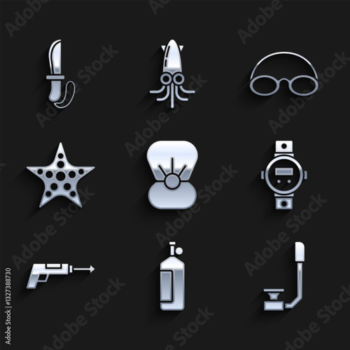 Set Shell with pearl, Aqualung, Snorkel, Diving watch, Fishing harpoon, Starfish, Glasses and cap and Knife icon. Vector