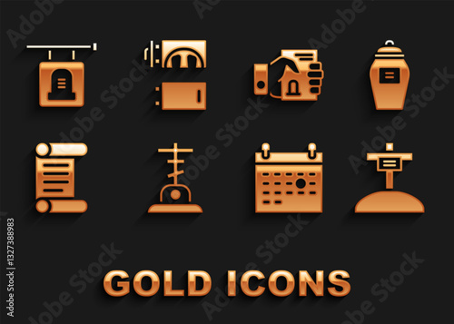 Set Grave with cross, Funeral urn, Calendar death, Decree, parchment, scroll, Death certificate in hand, Signboard tombstone and Crematorium icon. Vector