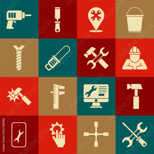 Set Screwdriver and wrench, Hammer, Builder, Location with, Chainsaw, Metallic screw, Electric drill machine and icon. Vector