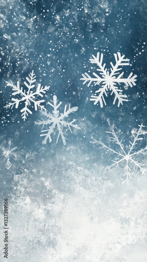 Artistic rendering depicts falling snowflakes over a textured background design Artistic rendering depicts falling snowflakes over a textured background design