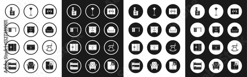 Set Wardrobe, Furniture nightstand, Office desk, with lamp, Armchair, Floor, and icon. Vector