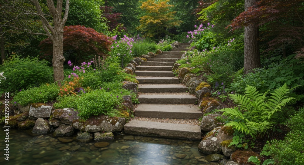 Serene Garden Steps and Stream - Tranquil garden scene featuring stone steps leading down to a gentle stream, surrounded by lush greenery and vibrant flowers Serene Garden Steps and Stream - Tranquil garden scene featuring stone steps leading down to a gentle stream, surrounded by lush greenery and vibrant flowers