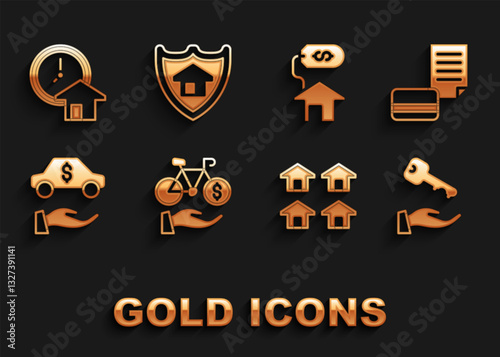 Set Bicycle rental mobile app, Credit card, House key, Real estate, Car, with dollar, Time is money and shield icon. Vector