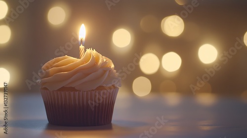 A delicious cupcake with lit candle on a bright background