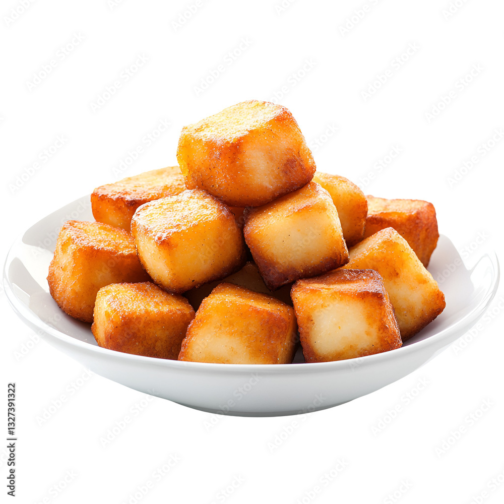 Perfectly golden fried tofu cubes stacked on pristine white dish presentation