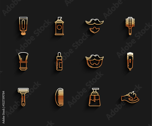 Set line Shaving razor, Hairbrush, Cream lotion cosmetic tube, Aftershave, gel foam hand, Glass bottle with pipette, Electrical hair clipper shaver and Mustache beard icon. Vector