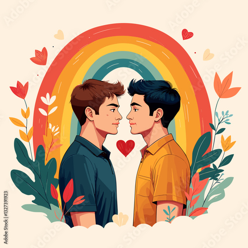 Two men under a rainbow for LGBTQ+ pride, love, and equality theme in flat design