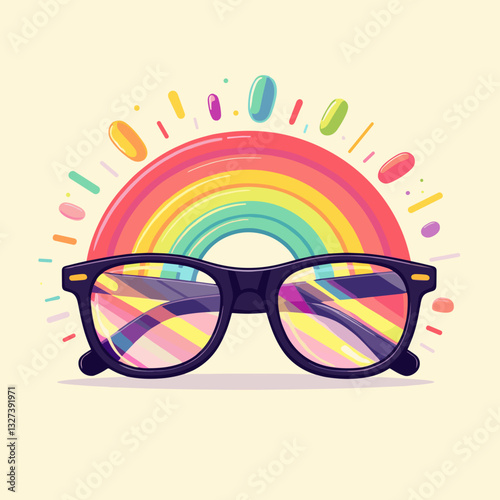 Glasses on a rainbow background for LGBTQ+ pride, visibility, and inclusivity theme in flat design