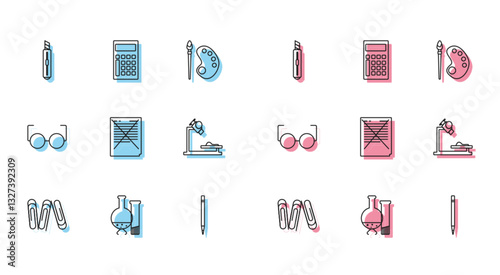 Set line Paper clip, Test tube and flask chemical laboratory test, Stationery knife, Pencil with eraser, Exam paper incorrect answers survey, Microscope, Glasses and Calculator icon. Vector