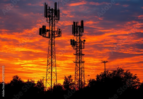 Silhouetted Telecommunication Towers Against a Vibrant Orange Sunset