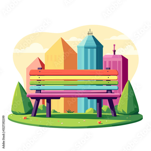 Rainbow bench in city park, LGBTQ+ pride and inclusion