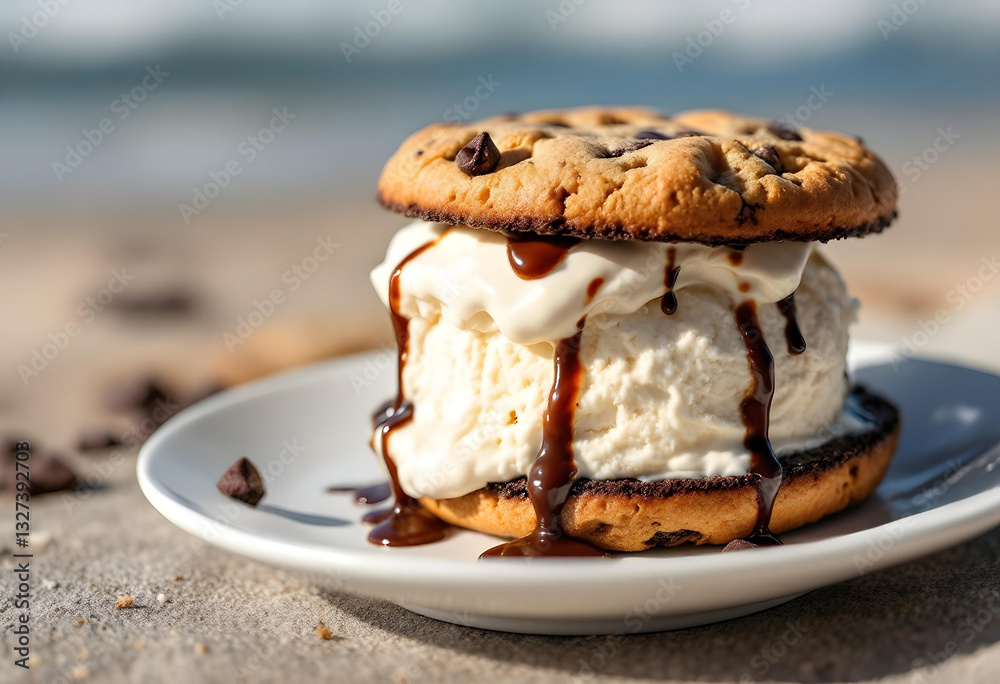 Chocolate Chip Cookie Ice Cream Sandwich with Dripping Chocolate Sauce on a Plate. Chocolate Chip Cookie Ice Cream Sandwich with Dripping Chocolate Sauce on a Plate.