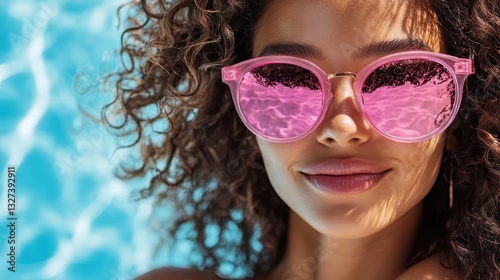 A cheerful young woman flaunts her curly hair and pink sunglasses, soaking in the sun beside a glistening turquoise pool, capturing a vibrant and playful summer vibe.
