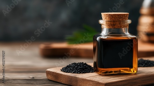 A rustic composition featuring a glass bottle of pure black seed oil accompanied by scattered seeds, showcasing its natural beauty and the essence of holistic wellness.