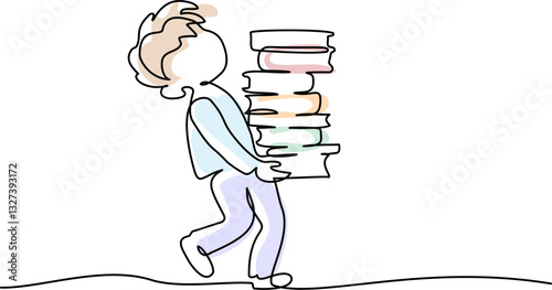 Young boy pupil walk and carry stack school books. Continuous one line drawing.