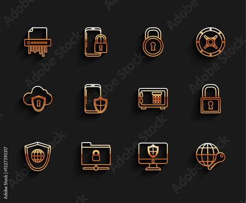 Set line Shield with world globe, FTP folder and lock, Paper shredder confidential, Computer monitor shield, Globe key, Smartphone security, Lock and Safe icon. Vector