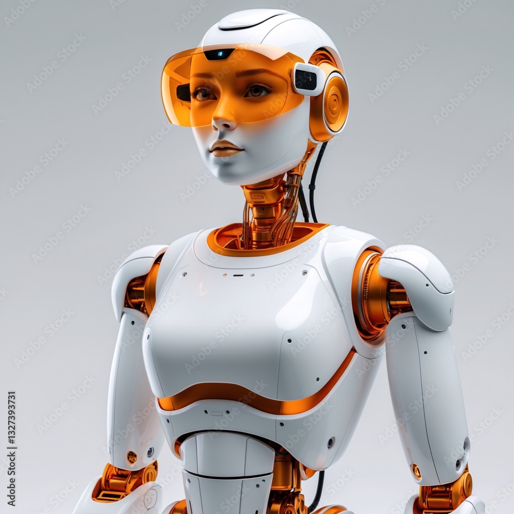 Naklejka premium White & Orange Humanoid Robot with Feminine AI Face 8K Half-Body
