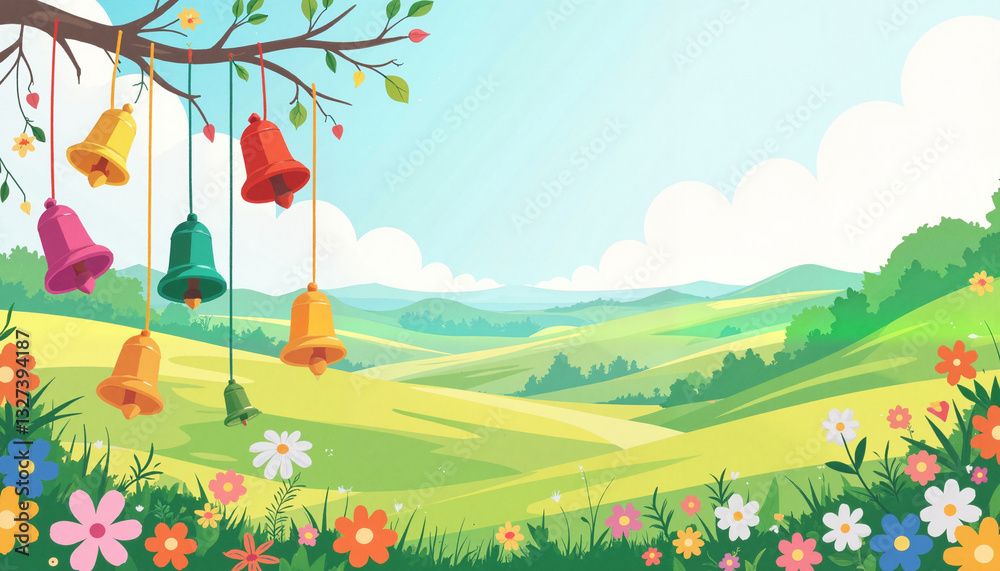 Fototapeta premium Vibrant bell-shaped wind chimes swaying in blooming meadow, tranquility, copy space