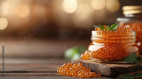 Elegant artisan jar filled with glistening salmon roe draped in fresh greens, captured against a blurred background that enhances the natural beauty of the food.
