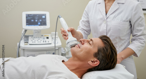 Wallpaper Mural Ultrasound Skin Treatment for Men - A man receives a relaxing facial ultrasound treatment from a medical professional. High-tech skincare Torontodigital.ca