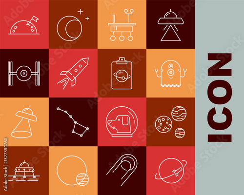 Set line Planet, Alien, Mars rover, Rocket ship with fire, Cosmic, flag and icon. Vector