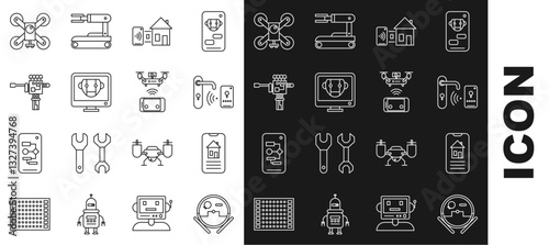 Set line Robot vacuum cleaner, Digital door lock with wireless technology for unlock, Bot, Mechanical robot hand and screwdriver, Drone flying action camera and Remote aerial drone icon. Vector