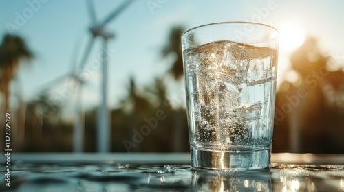 A clear glass filled with sparkling water and ice cubes shines in the sunlight, evoking a sense of refreshment and simplicity amidst outdoor beauty.