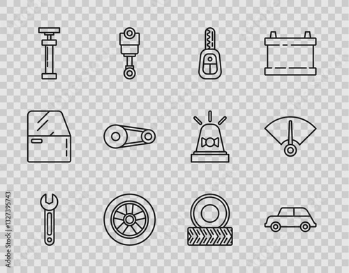 Set line Wrench, Car, key with remote, wheel, , Timing belt kit, and Speedometer icon. Vector