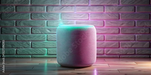 Stone base smart speaker, glowing vertically, set against brick.