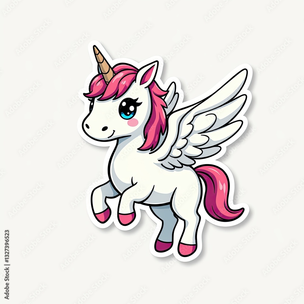 Fototapeta premium Cute Cartoon Unicorn with Wings and Pink Mane, Adorable Fantasy Animal