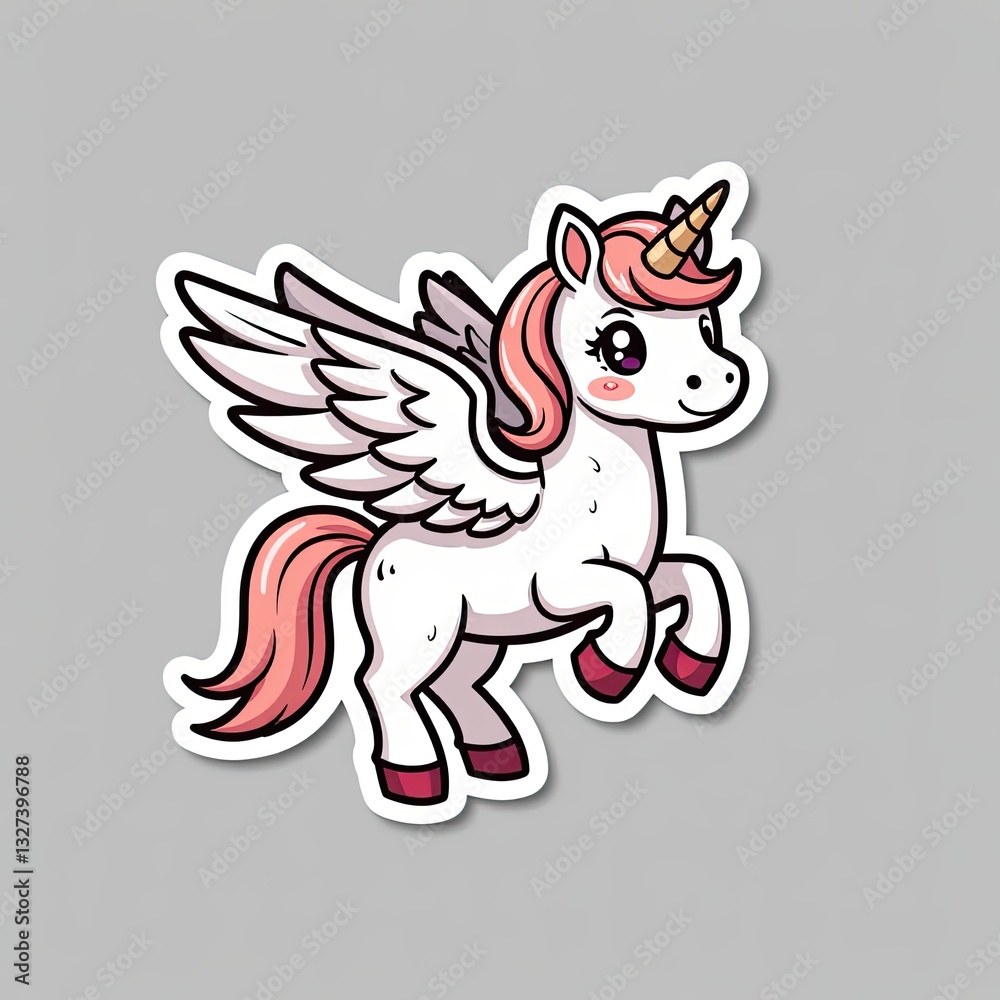 Naklejka premium Cute Cartoon Unicorn with Wings and Pink Mane, Adorable Fantasy Animal