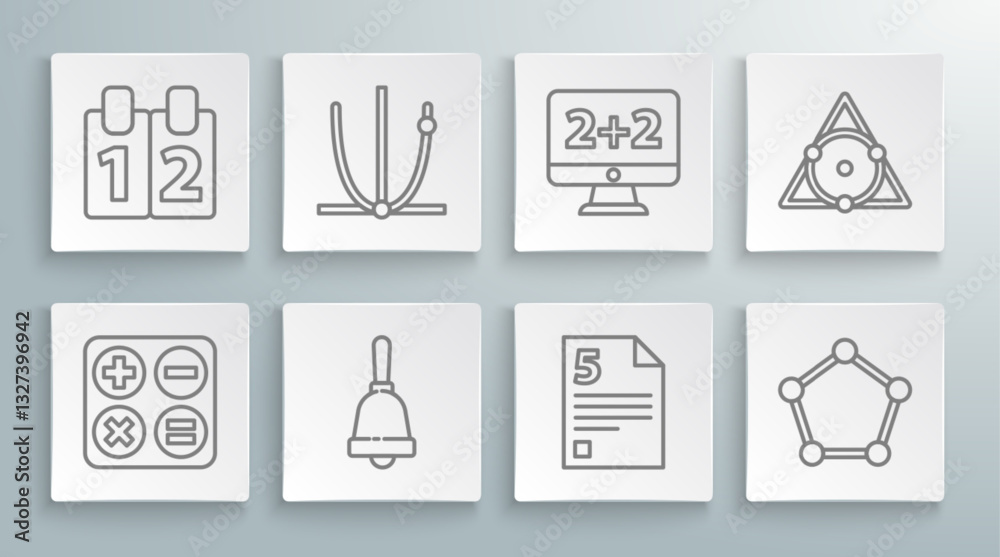 Set line Square root, Ringing bell, Test or exam sheet, Infinity, Geometric figure Sphere, Graph, schedule, chart, diagram, Chalkboard and Mathematics function cosine icon. Vector Set line Square root, Ringing bell, Test or exam sheet, Infinity, Geometric figure Sphere, Graph, schedule, chart, diagram, Chalkboard and Mathematics function cosine icon. Vector