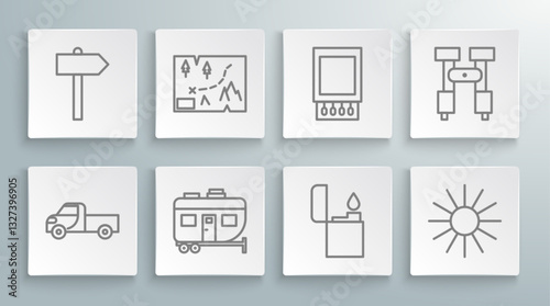 Set line Pickup truck, Folded map with location, Rv Camping trailer, Lighter, Sun, Open matchbox and matches, Binoculars and Road traffic signpost icon. Vector