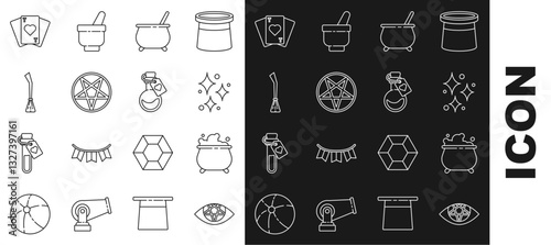 Set line Pentagram, Witch cauldron, Sparkle stars with magical glitter, in circle, Witches broom, Playing cards and Bottle love potion icon. Vector