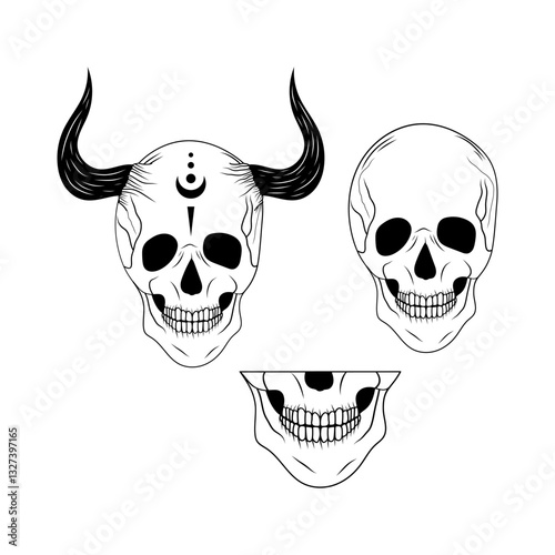 Intricate skull designs with unique patterns and symbolism in monochrome art style