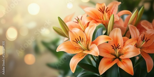 Fresh orange lilies in bloom with soft light creating a warm, vibrant atmosphere in a garden setting