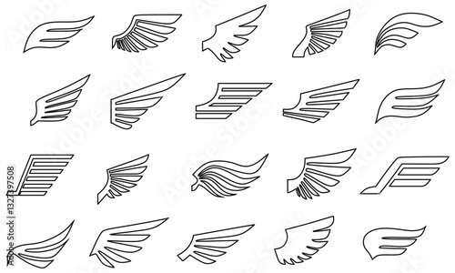 Set of black wings icons. Wings badges. Collection wings badges in line style. Vector illustration.	