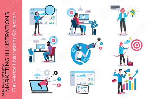 Marketing team working together, using data analysis, artificial intelligence and digital strategy for business growth. Flat vector collection. Concept illustrations