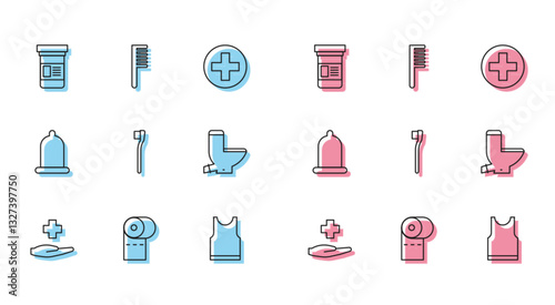 Set line Cross hospital medical, Toilet paper roll, Medicine bottle, Sleeveless T-shirt, Toothbrush, bowl, Condom and Hairbrush icon. Vector