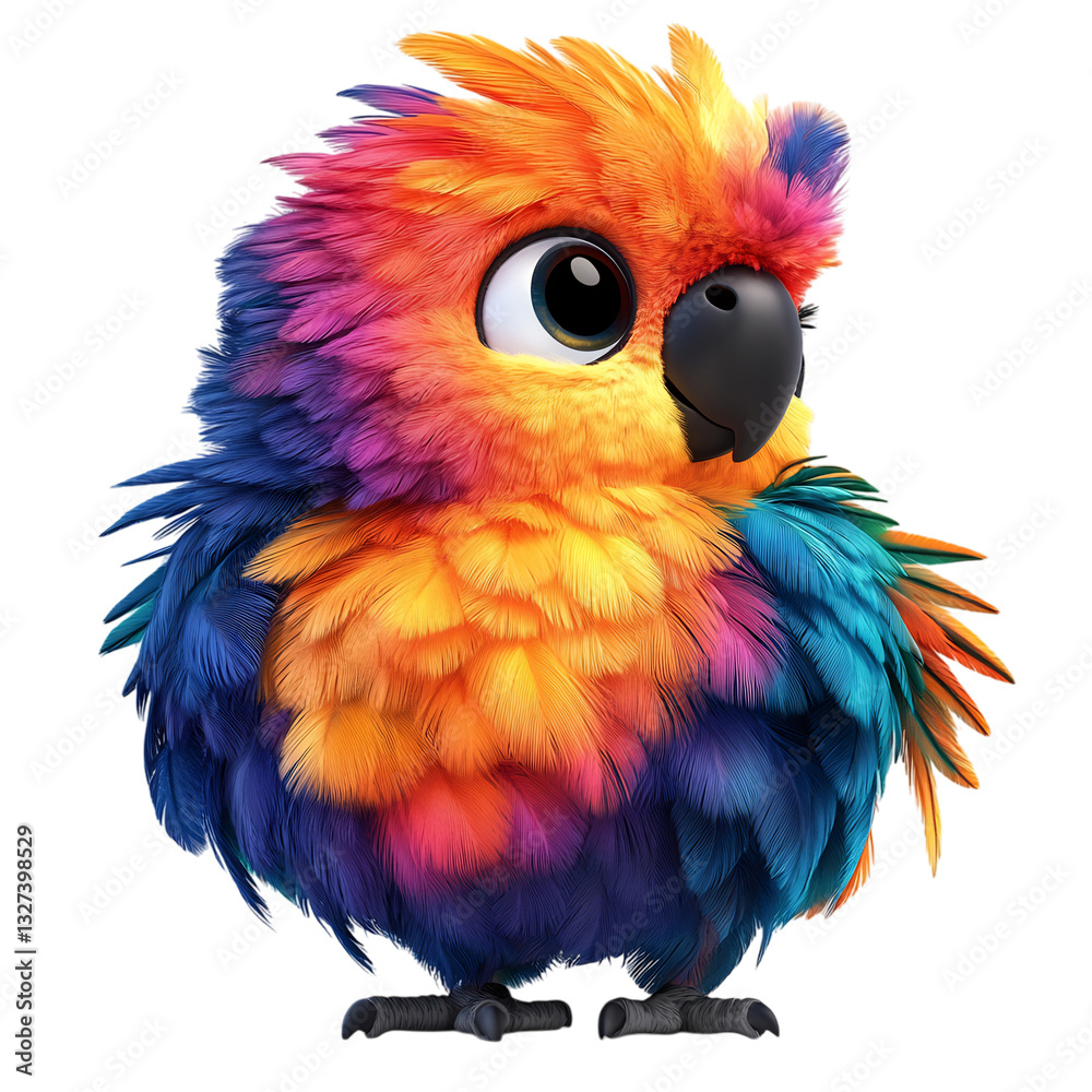 Obraz premium A Fluffy 3D Cartoon Parrot with Glowing Rainbow Feathers Isolated on Transparent Background