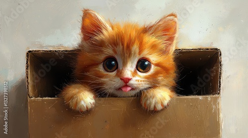 Adorable Ginger Kitten Playing Peek-a-Boo from Inside a Cardboard Box, Sweet and Playful Expression, Big Eyes, Cute Paws